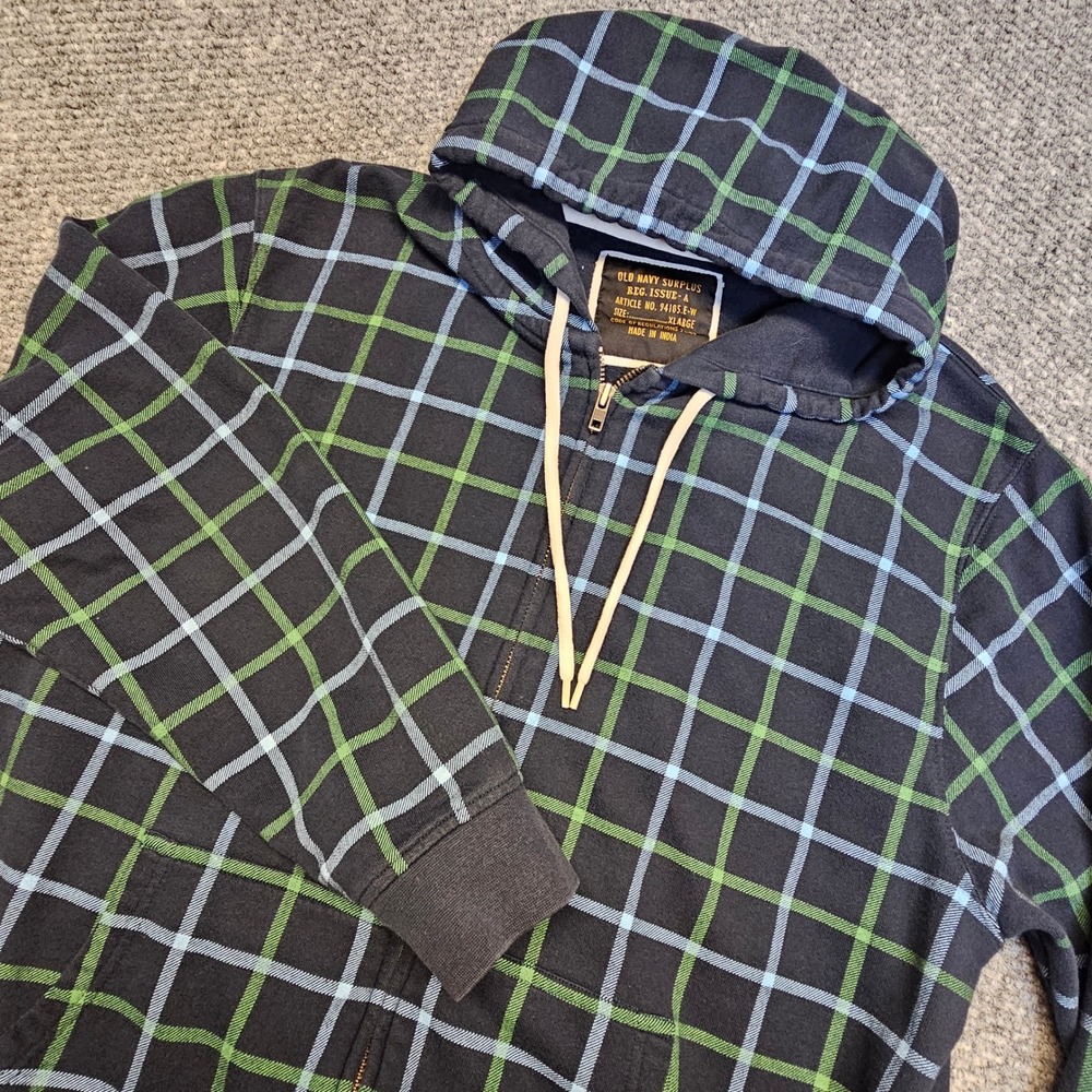 Vintae Y2K Old Navy Surplus Plaid Zip Up Hoodie Jacket XLARGE Navy Green Blue
